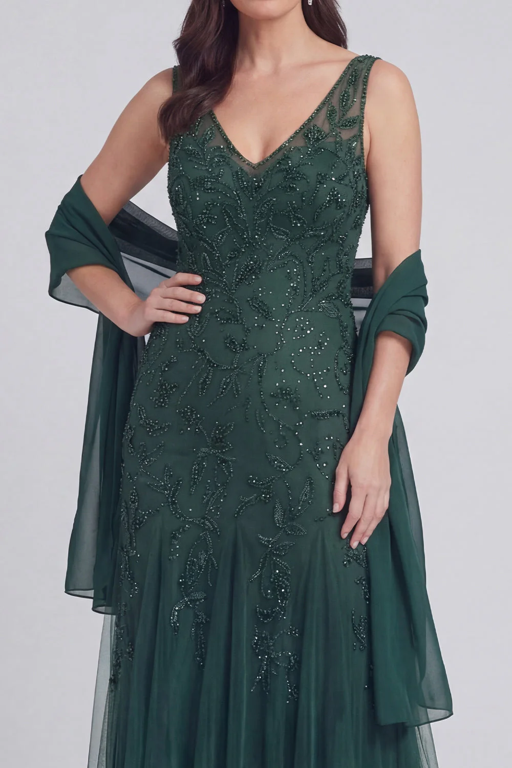Grey Blue Floral V-Neck A Line Tulle Long Mother of The Bride Dress - Image 8