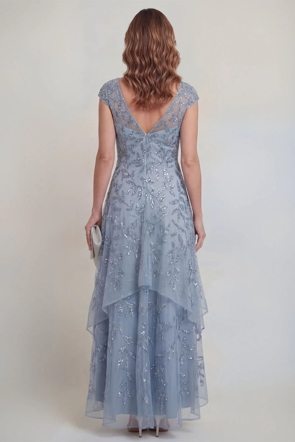 Grey Blue Lace Floral A Line Sequins Tiered Long Mother of The Bride Dress with Sleeves - Image 2