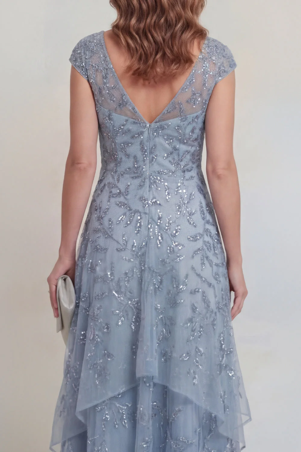 Grey Blue Lace Floral A Line Sequins Tiered Long Mother of The Bride Dress with Sleeves - Image 4