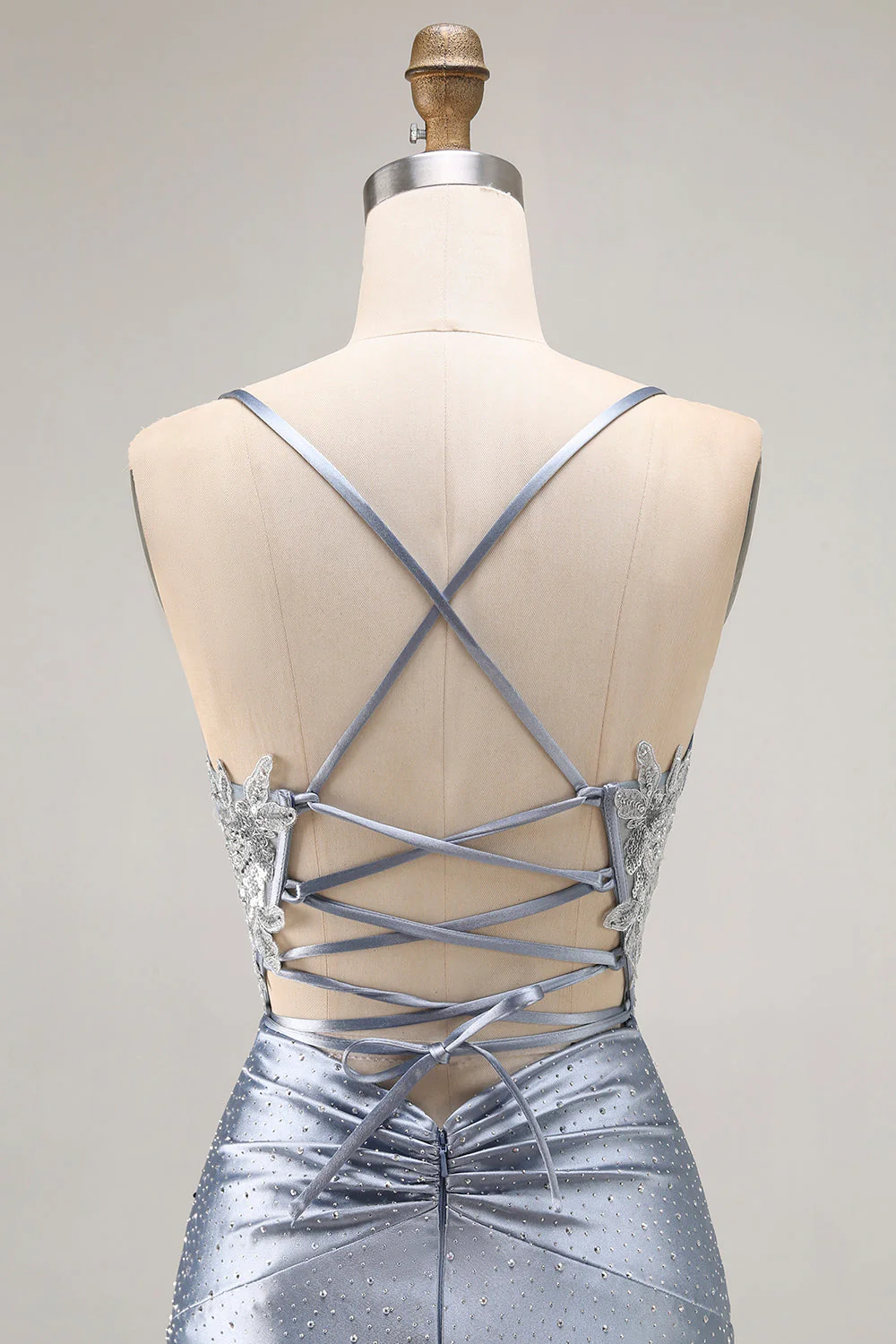 Grey Blue Mermaid Beaded Corset Long Prom Dress With Appliques - Image 5