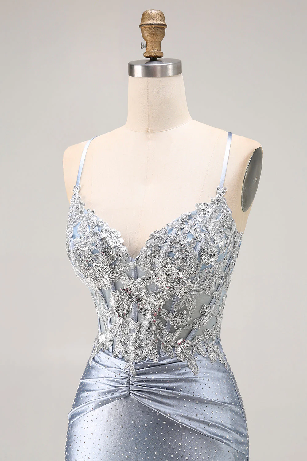 Grey Blue Mermaid Beaded Corset Long Prom Dress With Appliques - Image 6