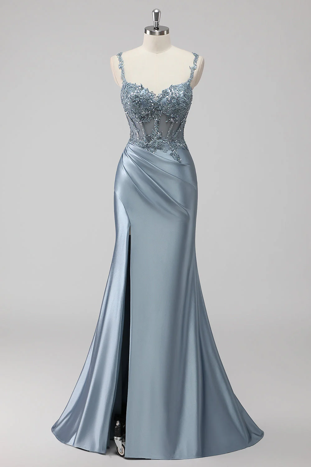 Blush Satin Mermaid Sequin Long Prom Dress with Slit - Image 7