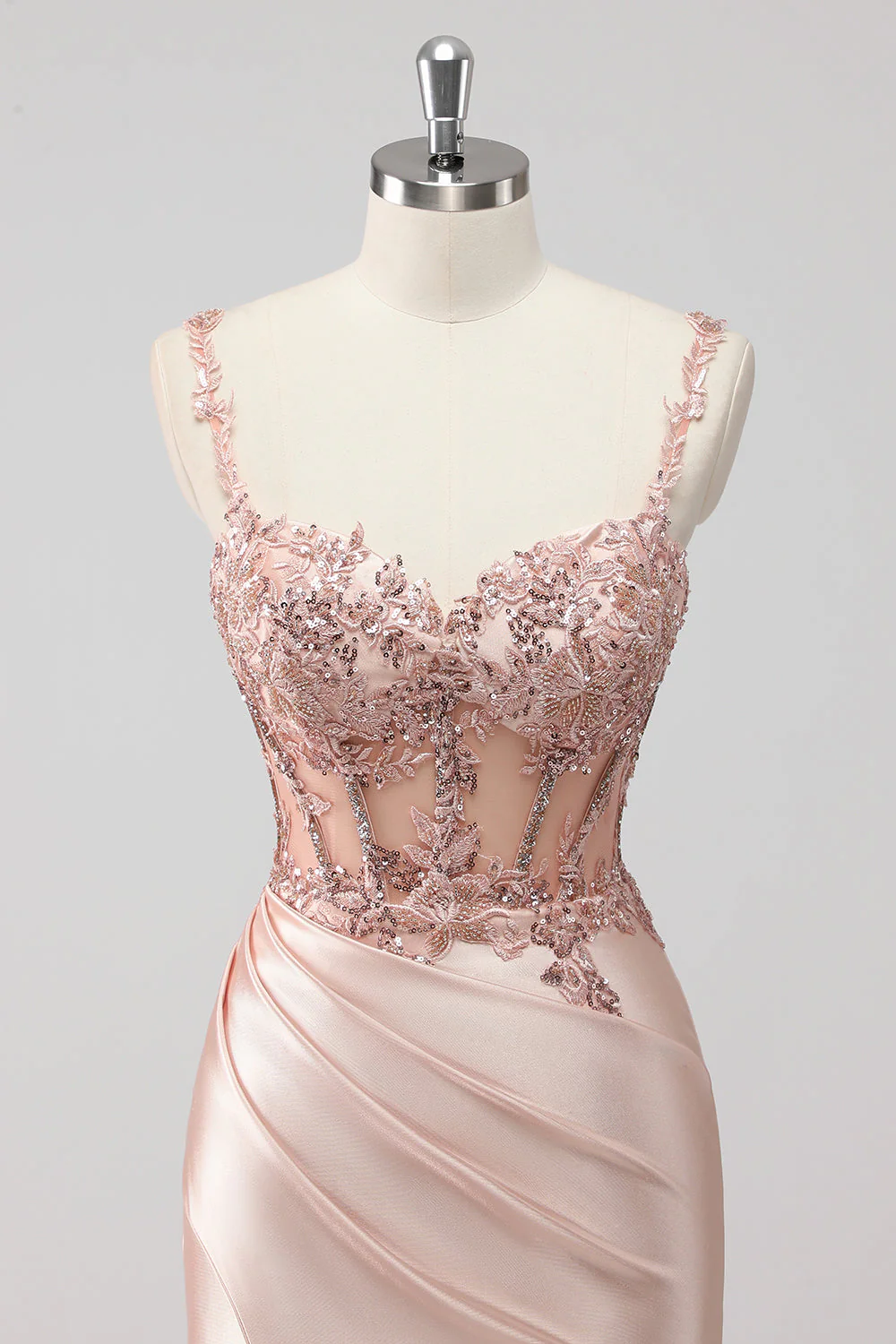 Blush Satin Mermaid Sequin Long Prom Dress with Slit - Image 4