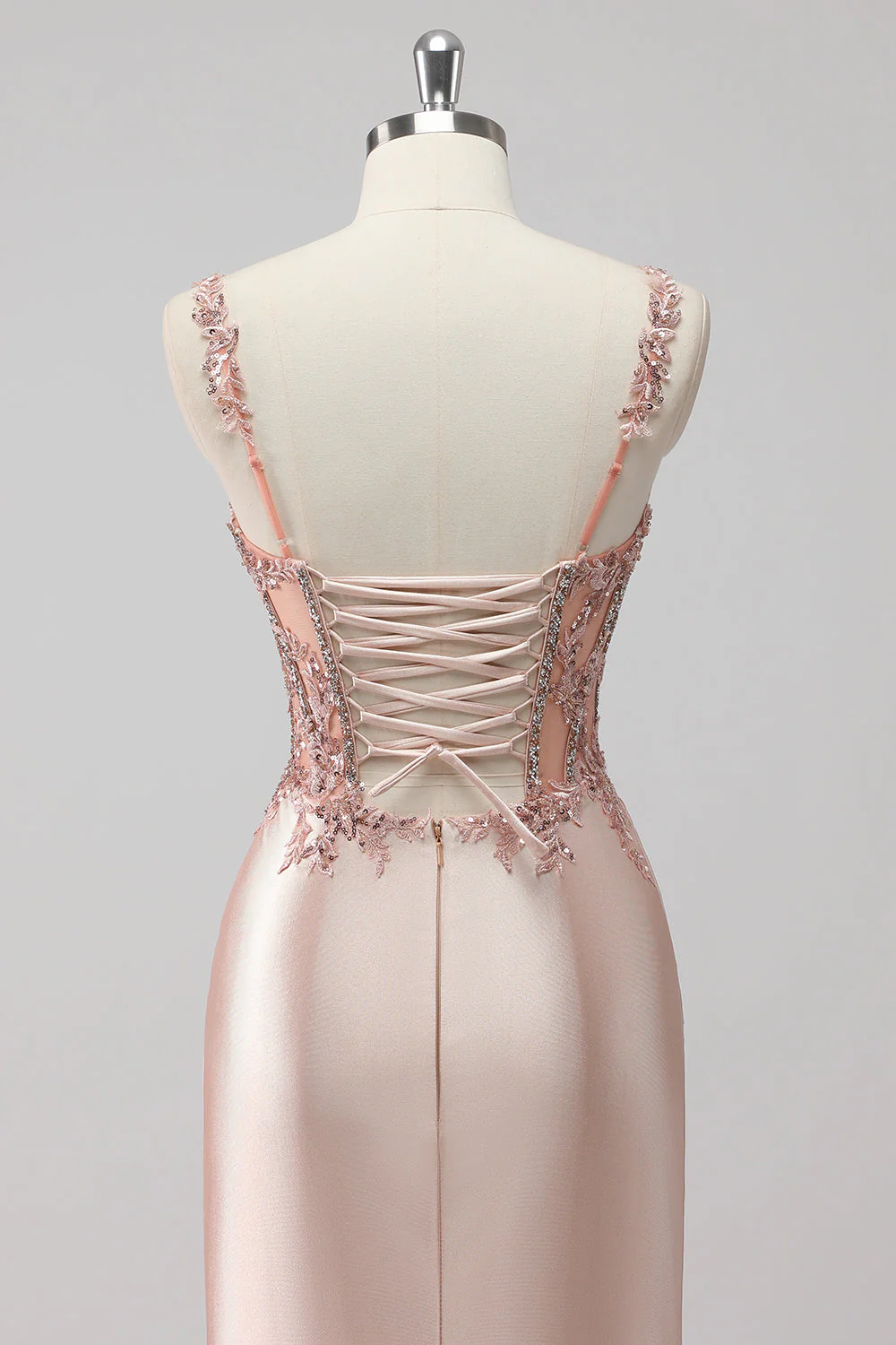 Blush Satin Mermaid Sequin Long Prom Dress with Slit - Image 5