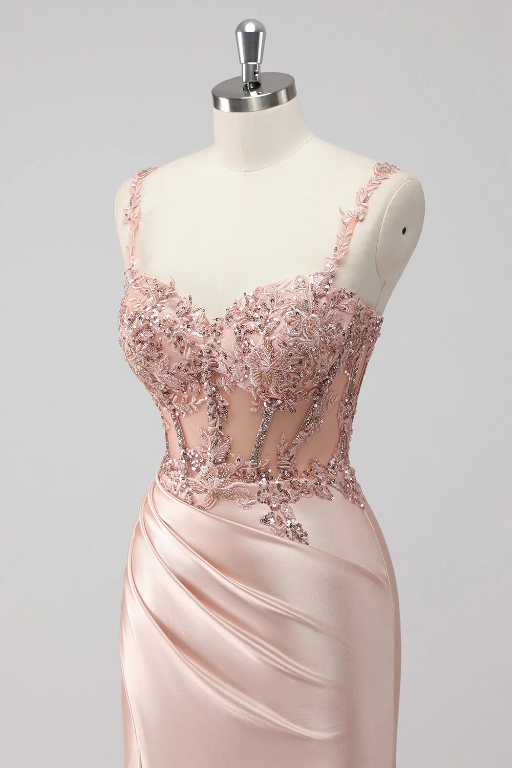 Blush Satin Mermaid Sequin Long Prom Dress with Slit - Image 6