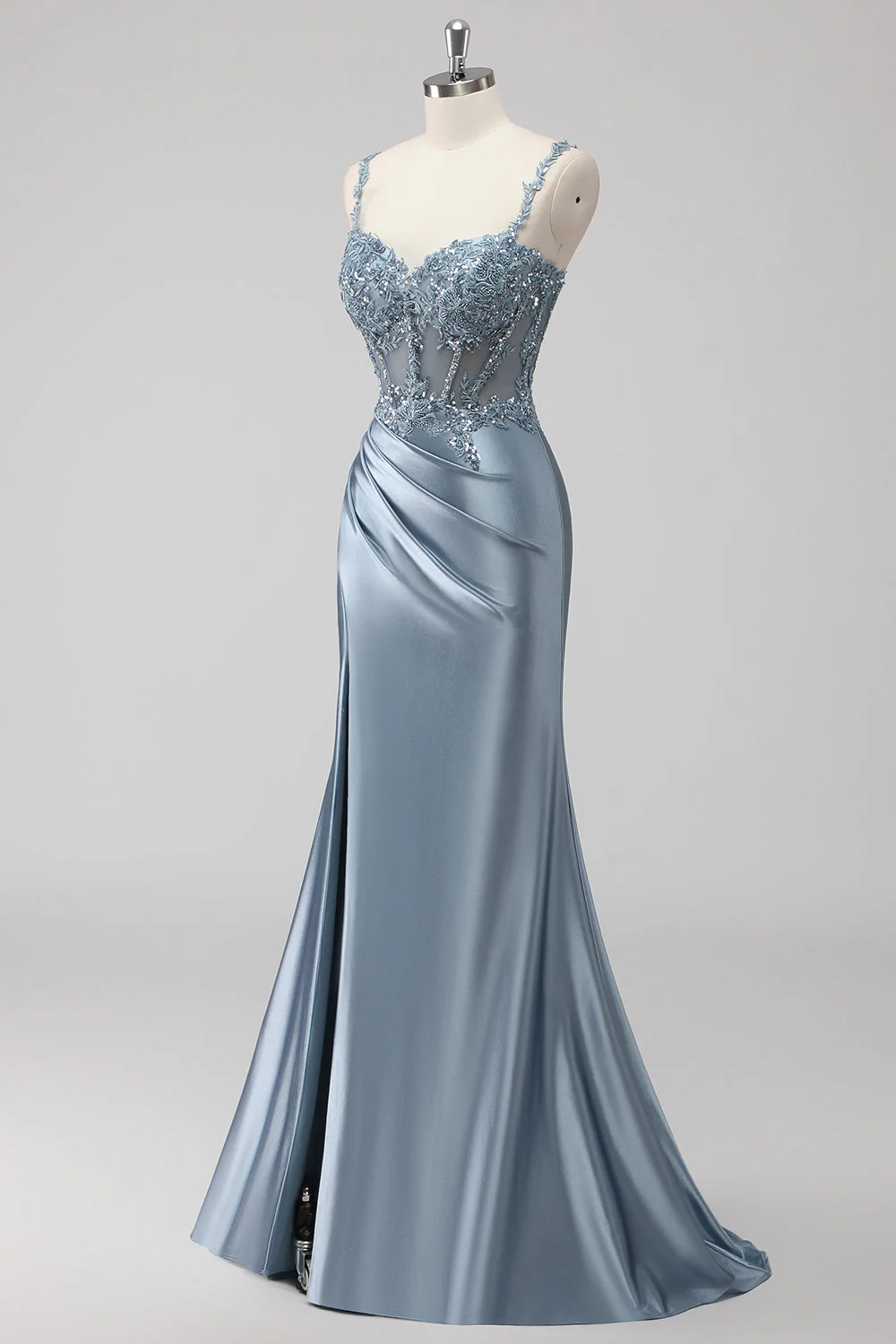 Blush Satin Mermaid Sequin Long Prom Dress with Slit - Image 9