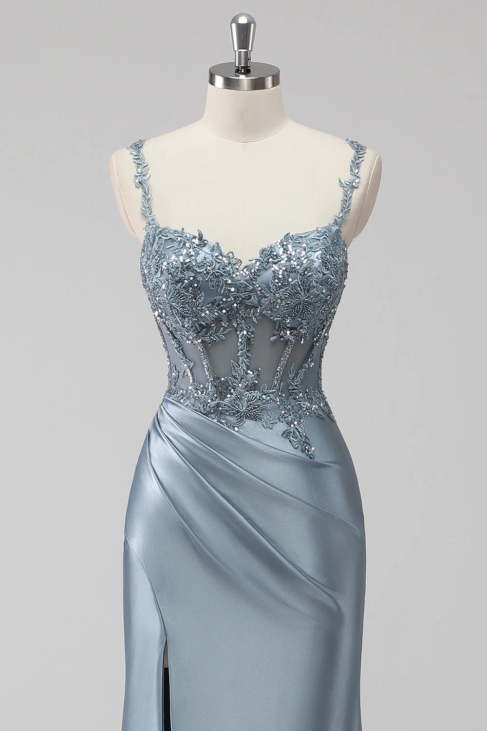 Blush Satin Mermaid Sequin Long Prom Dress with Slit - Image 10