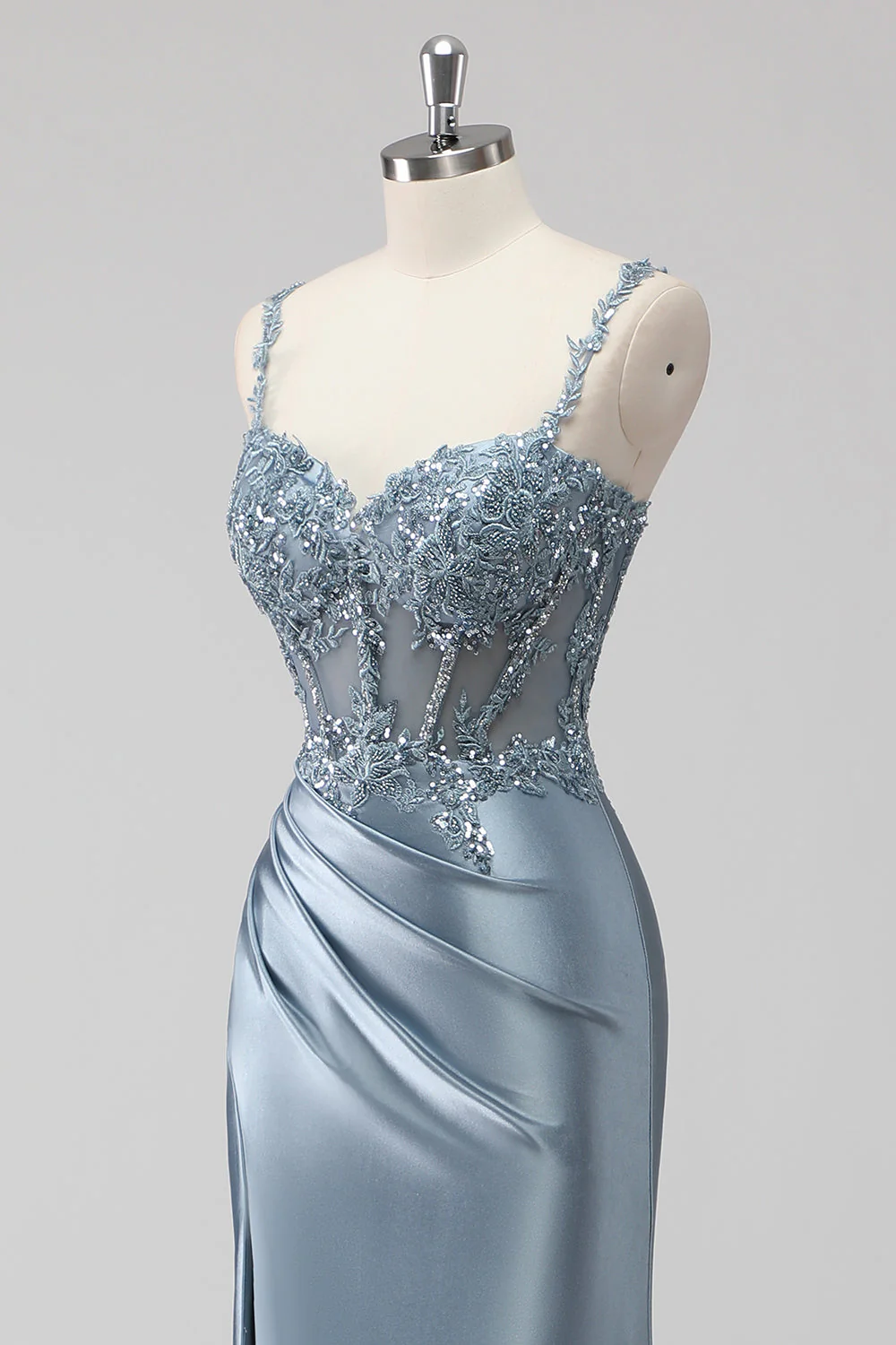Blush Satin Mermaid Sequin Long Prom Dress with Slit - Image 12