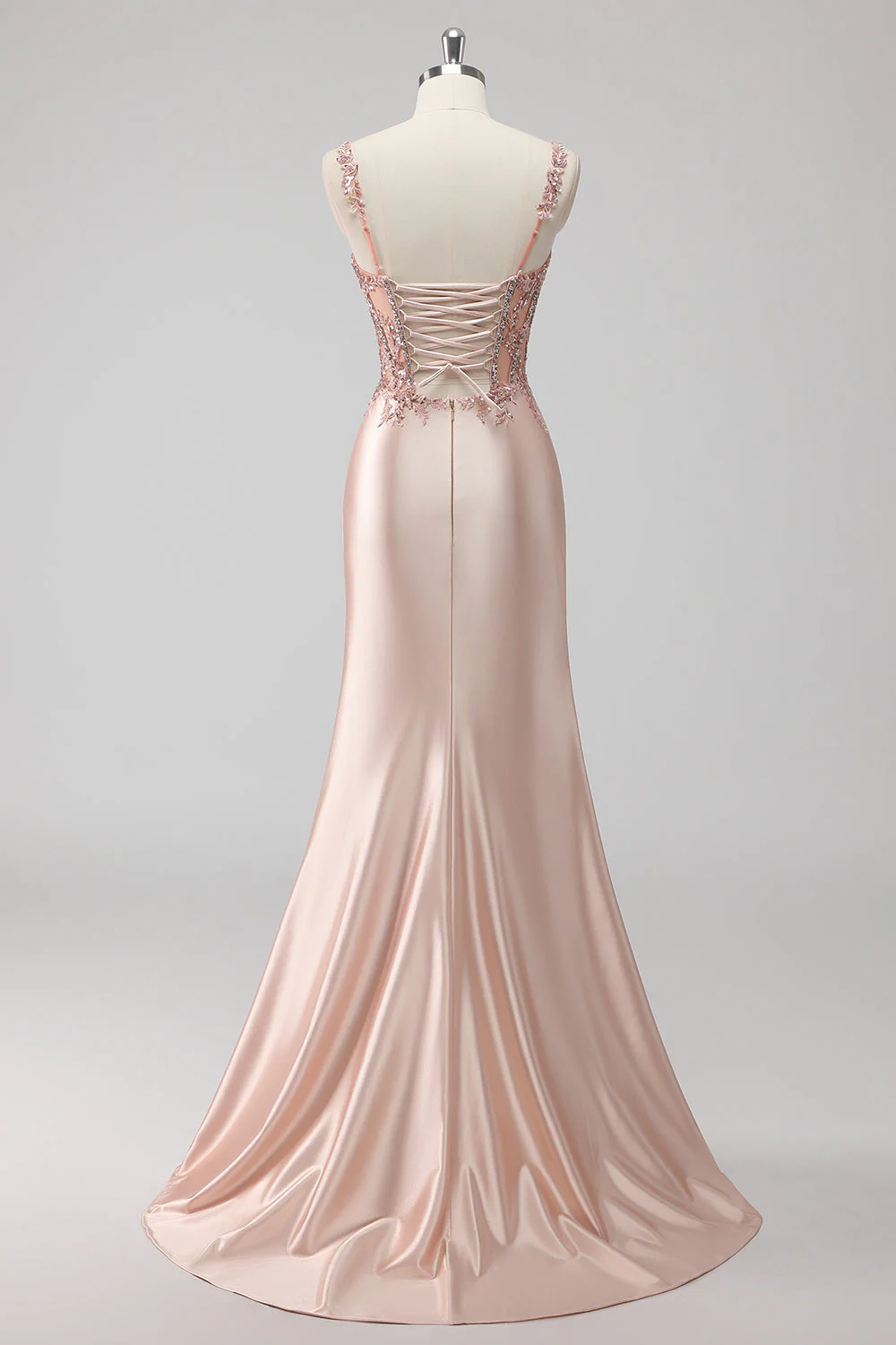Blush Satin Mermaid Sequin Long Prom Dress with Slit - Image 2
