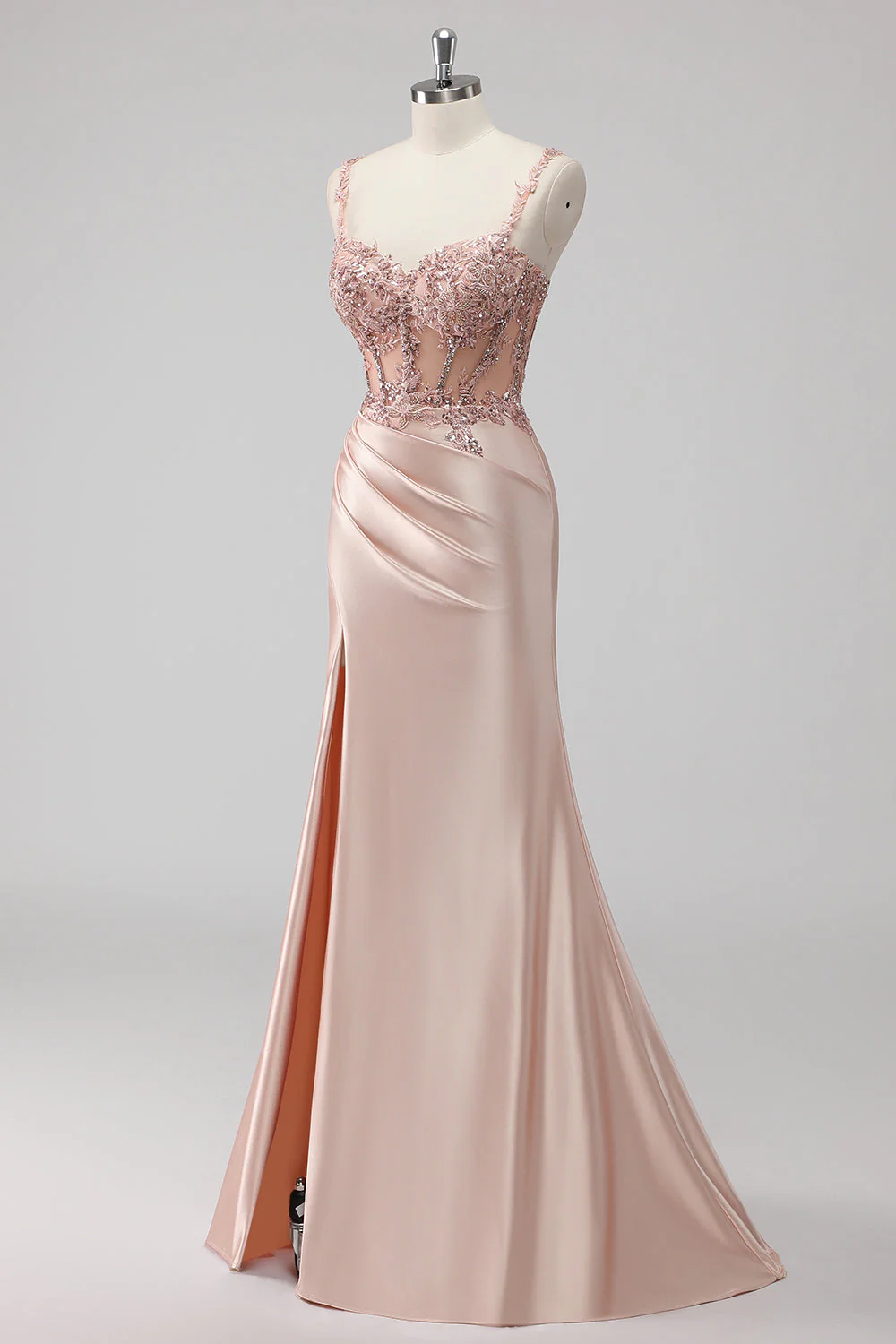 Blush Satin Mermaid Sequin Long Prom Dress with Slit - Image 3