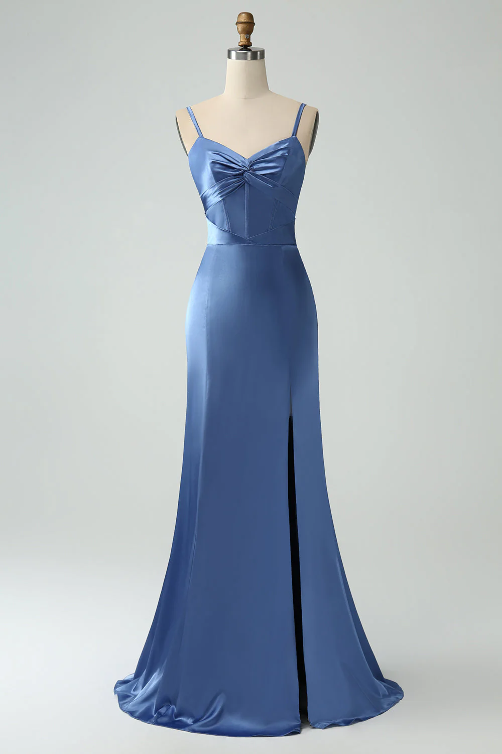 Grey Blue Mermaid Spaghetti Straps Corset Long Satin Bridesmaid Dress with Slit - Image 3