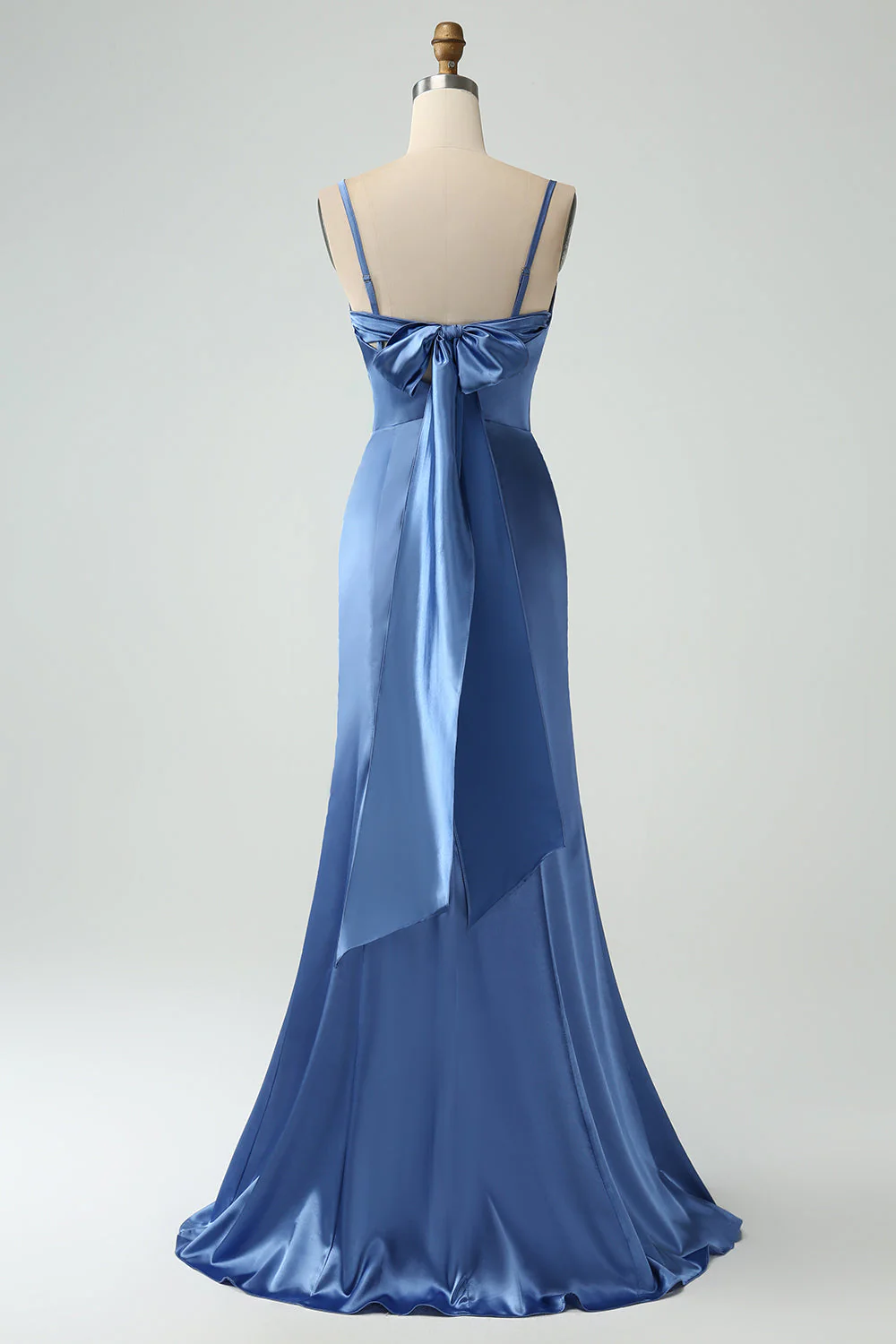 Grey Blue Mermaid Spaghetti Straps Corset Long Satin Bridesmaid Dress with Slit - Image 4
