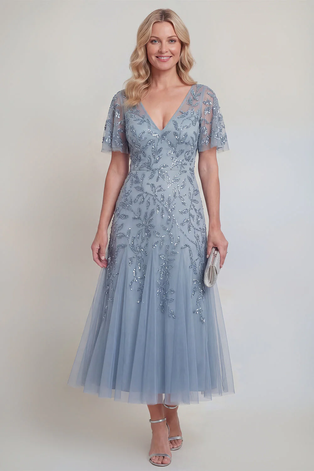 Grey Blue Tulle Floral Sequins V-Neck Long Mother of The Bride Dress with Sleeves