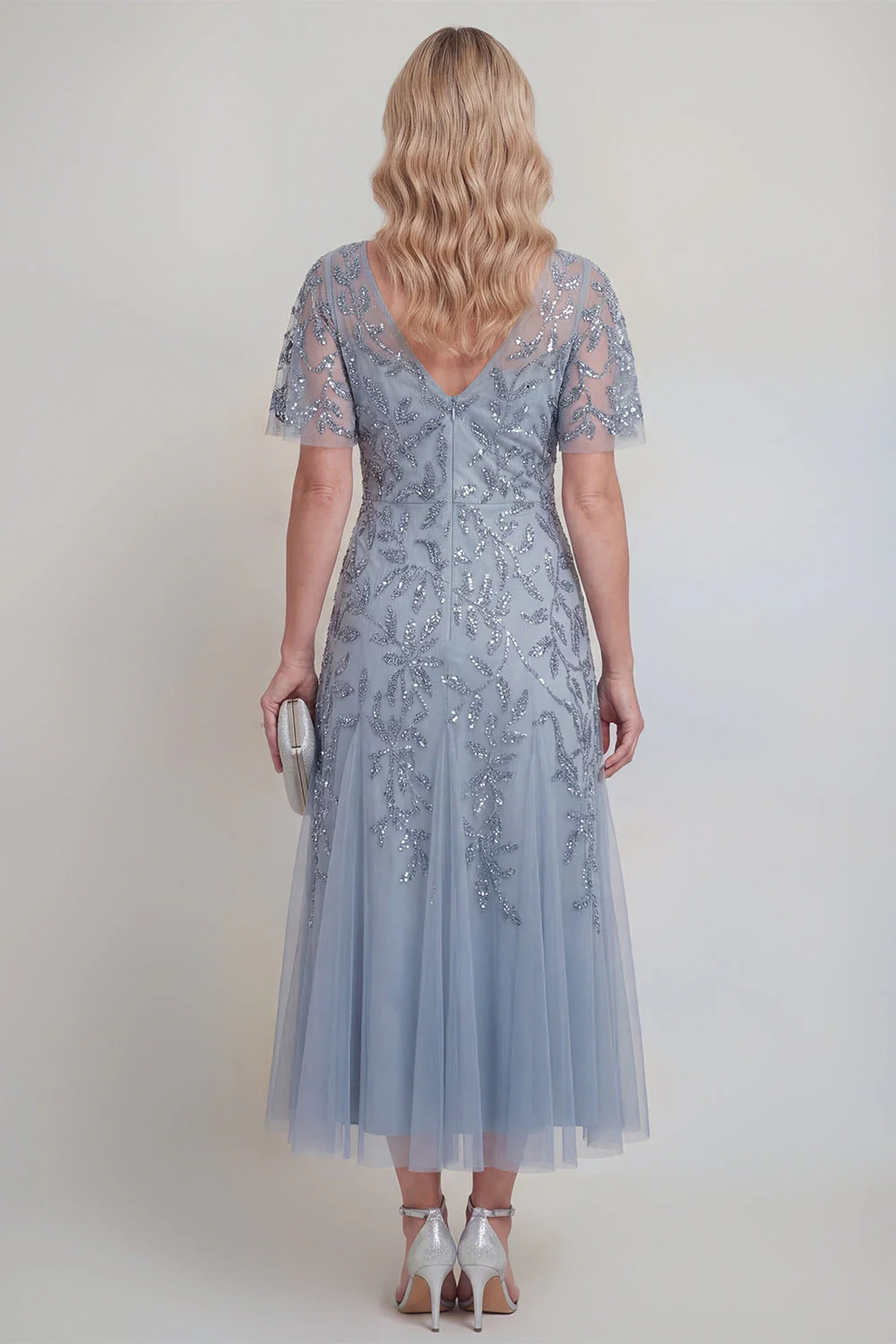 Grey Blue Tulle Floral Sequins V-Neck Long Mother of The Bride Dress with Sleeves - Image 2
