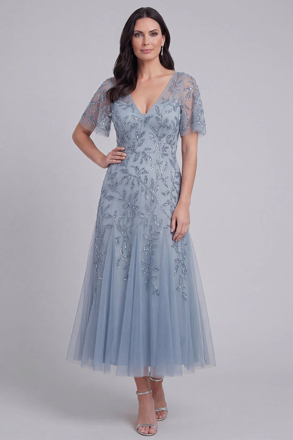 Grey Blue Tulle Floral Sequins V-Neck Long Mother of The Bride Dress with Sleeves - Image 3