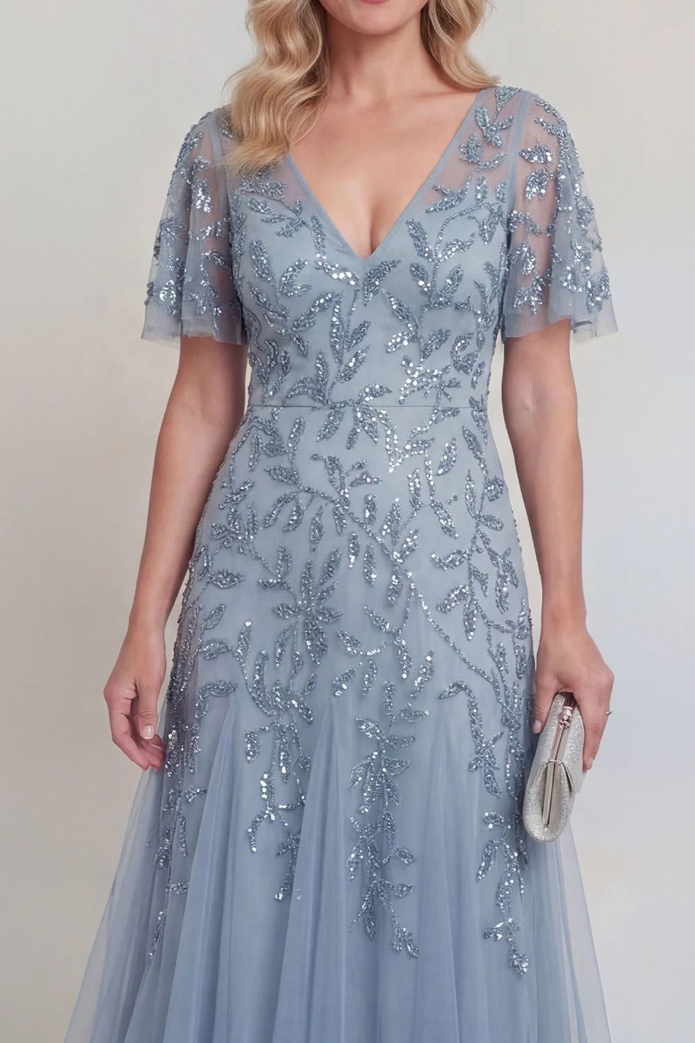 Grey Blue Tulle Floral Sequins V-Neck Long Mother of The Bride Dress with Sleeves - Image 4