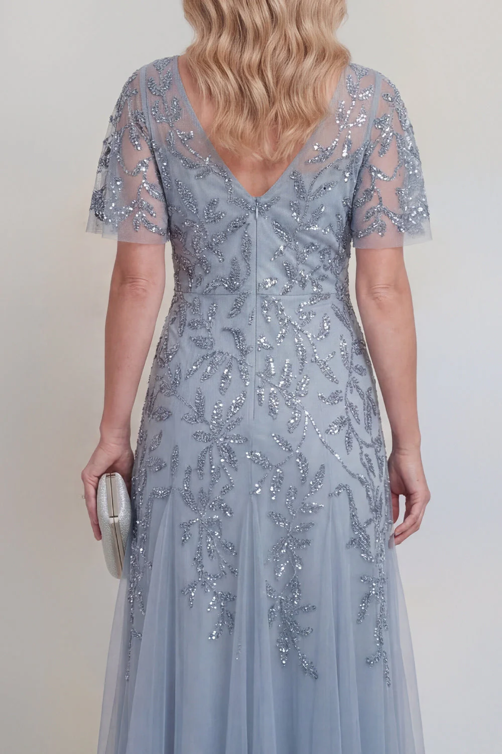 Grey Blue Tulle Floral Sequins V-Neck Long Mother of The Bride Dress with Sleeves - Image 5