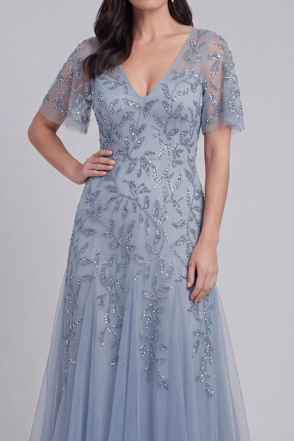 Grey Blue Tulle Floral Sequins V-Neck Long Mother of The Bride Dress with Sleeves - Image 6