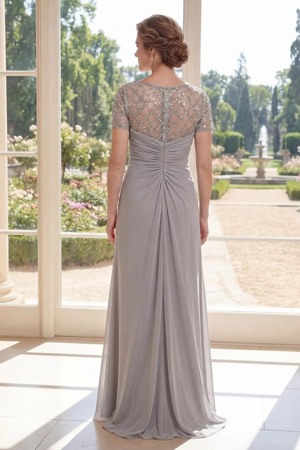 Sheath Grey Chiffon Beaded Long Mother Of the Bride Dress - Image 2