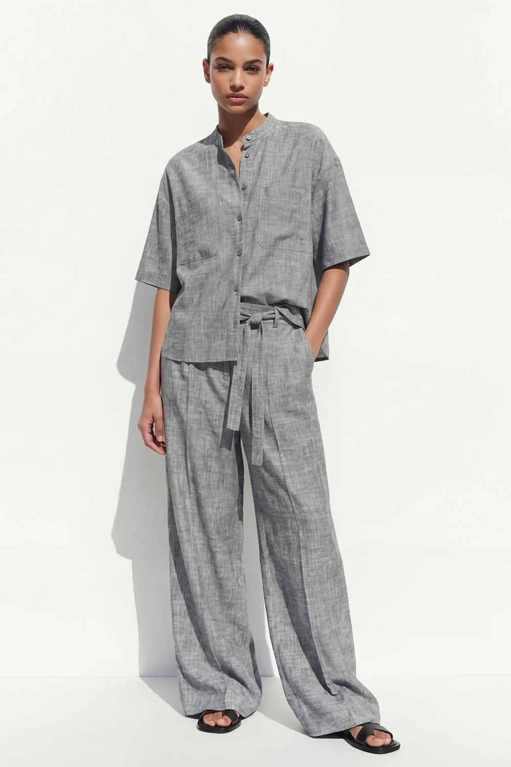 Grey Crew Neck Single Breasted Women Suit with Belt