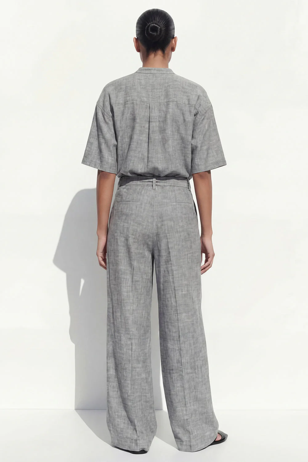 Grey Crew Neck Single Breasted Women Suit with Belt - Image 2