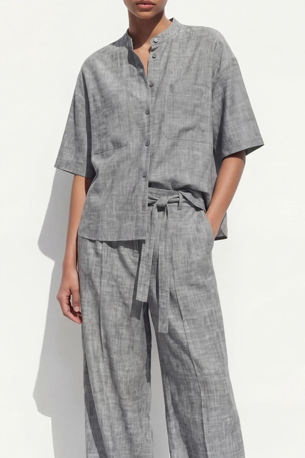 Grey Crew Neck Single Breasted Women Suit with Belt - Image 3