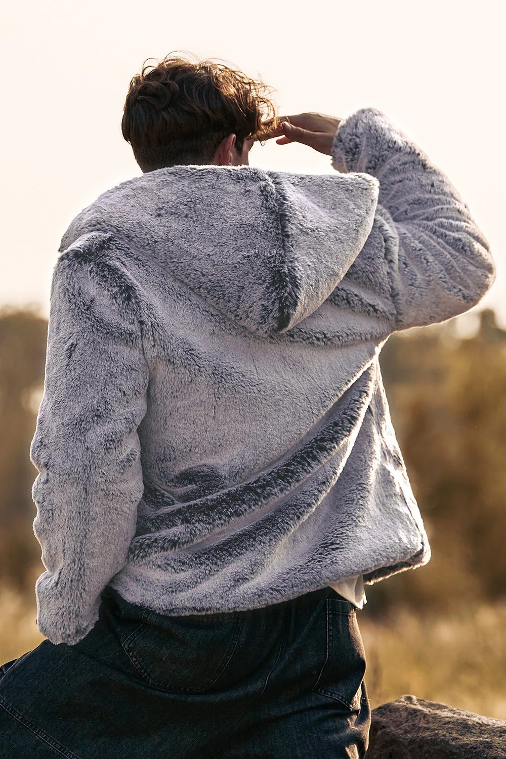 Grey Midi Shearling Men's Winter Coat with Hood - Image 2