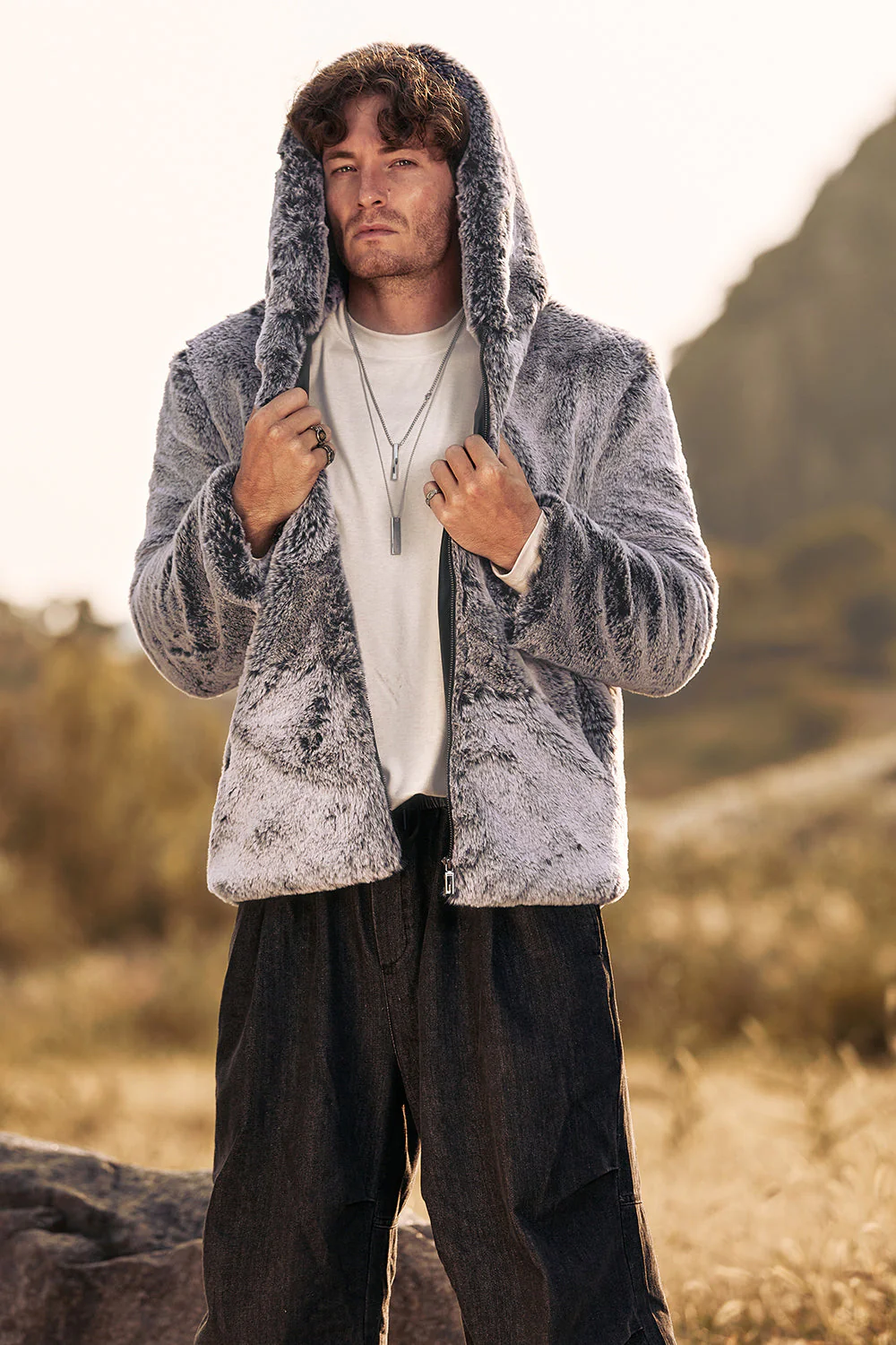 Grey Midi Shearling Men's Winter Coat with Hood - Image 3