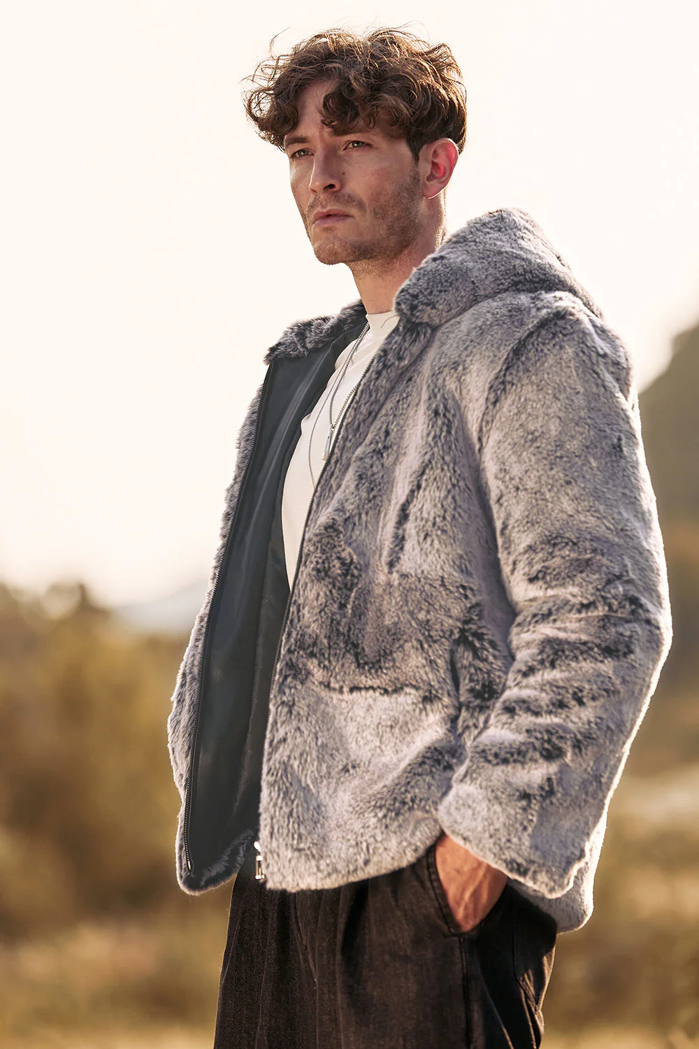 Grey Midi Shearling Men's Winter Coat with Hood - Image 4