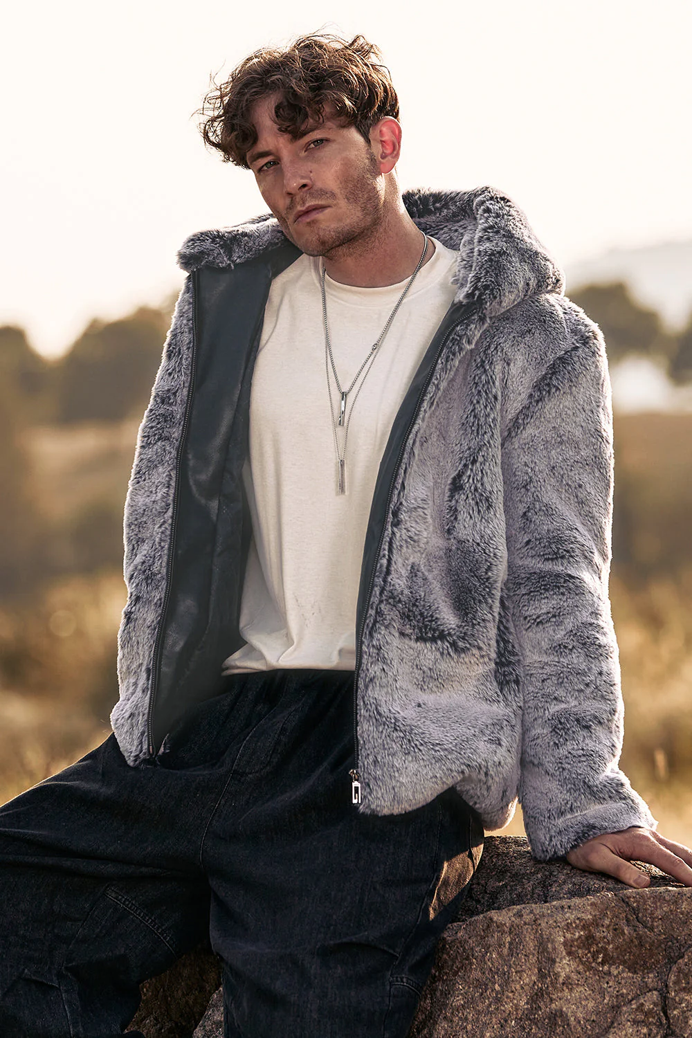 Grey Midi Shearling Men's Winter Coat with Hood - Image 5