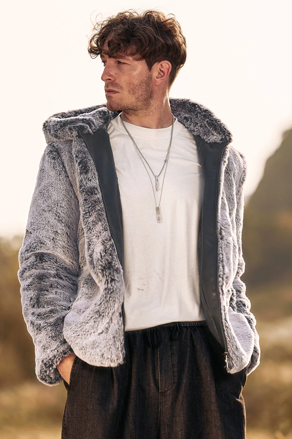Grey Midi Shearling Men's Winter Coat with Hood - Image 6