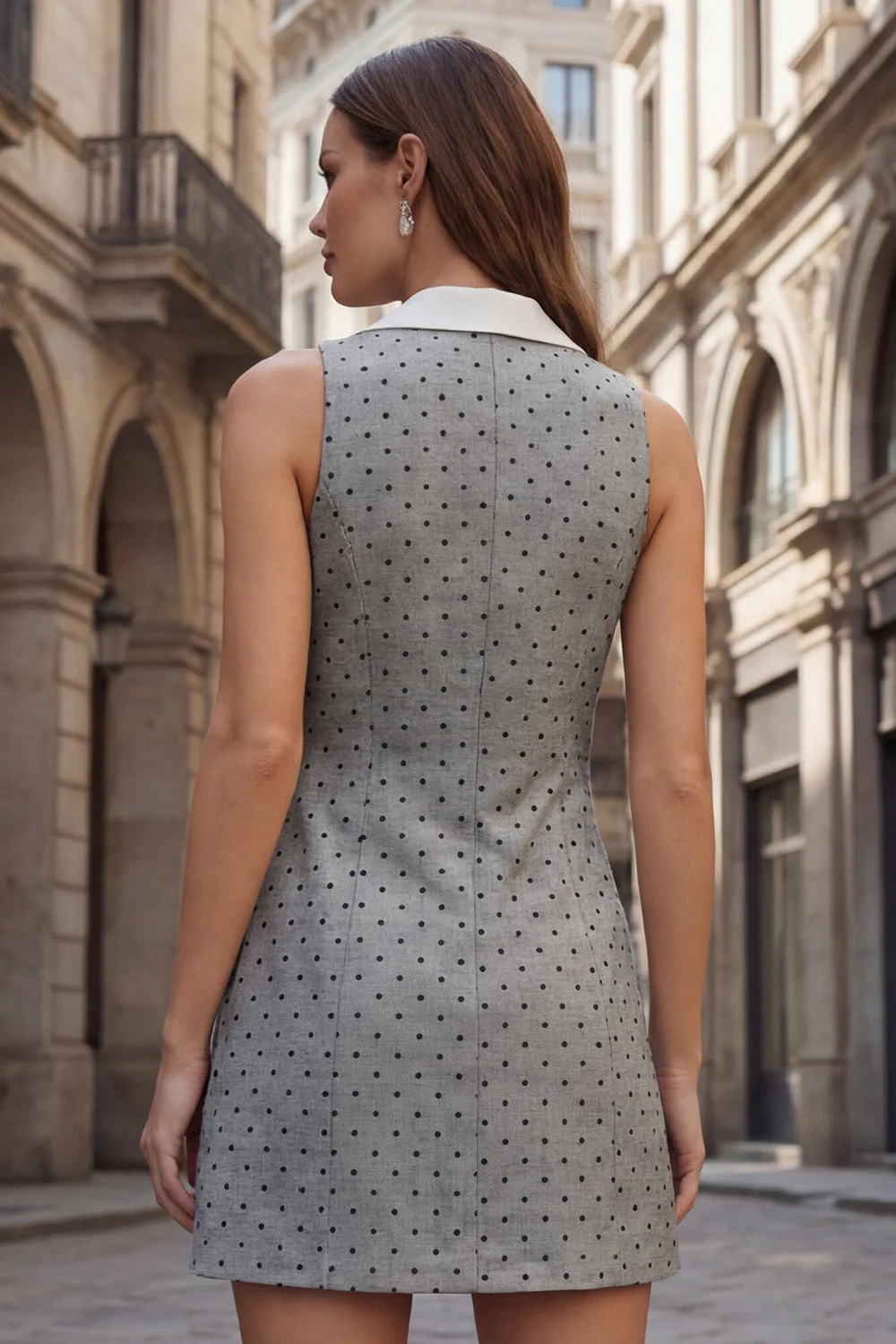 Grey Polka Dots Notched Lapel Bodycon Short Work Dress - Image 2