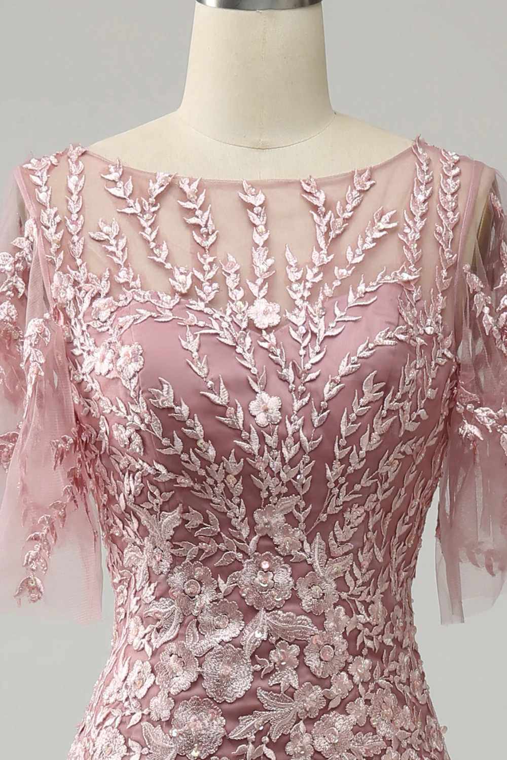 Grey Pink Mermaid Tulle Mother of the Bride Dress with Lace - Image 3