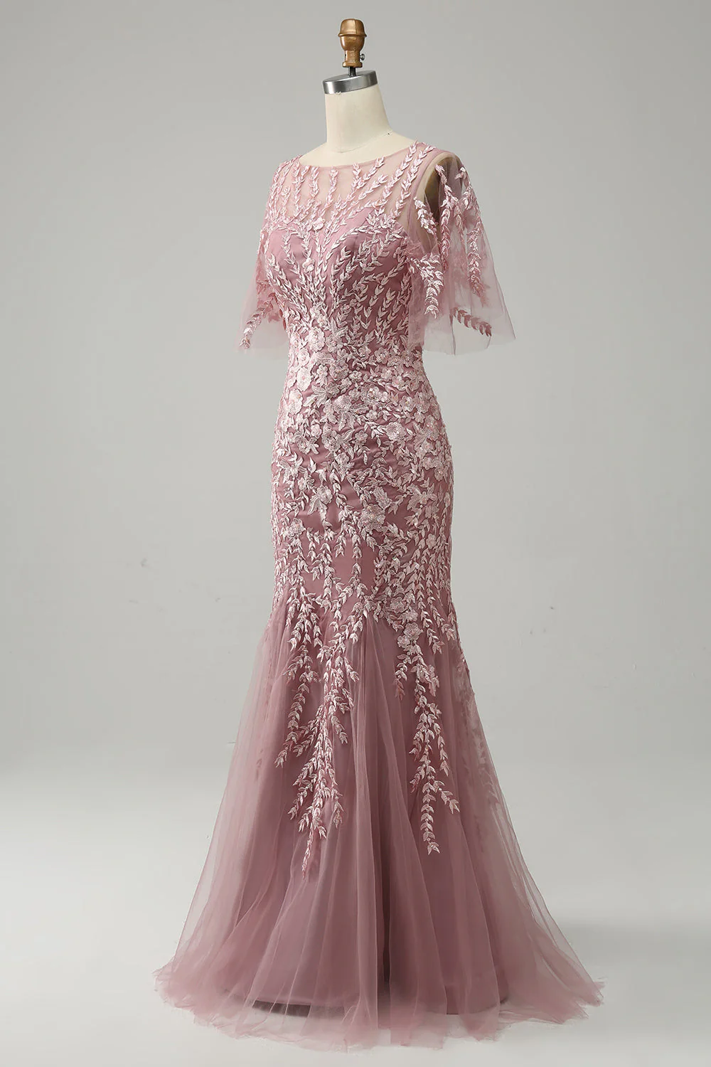 Grey Pink Mermaid Tulle Mother of the Bride Dress with Lace - Image 5
