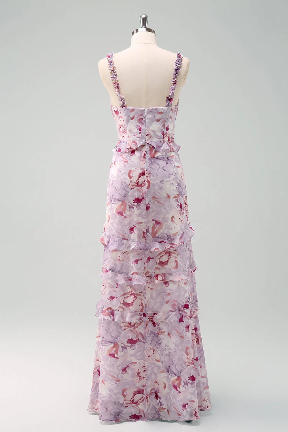 Grey Purple Mermaid Spaghetti Straps Floral Long Bridesmaid Dress - Image 2