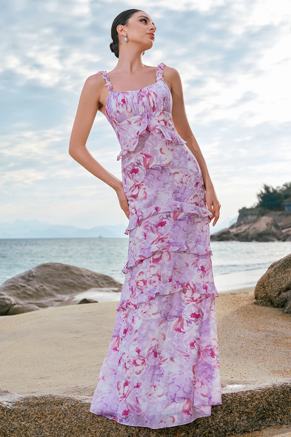 Grey Purple Mermaid Spaghetti Straps Floral Long Bridesmaid Dress - Image 3