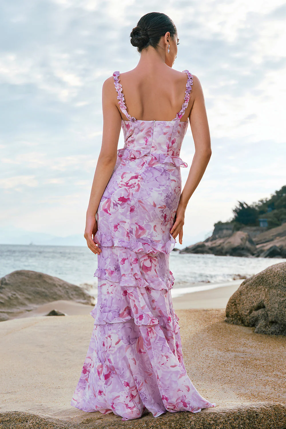 Grey Purple Mermaid Spaghetti Straps Floral Long Bridesmaid Dress - Image 4
