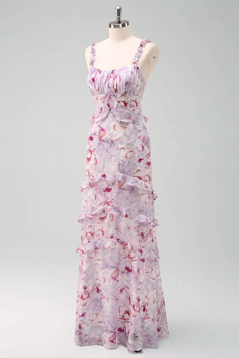 Grey Purple Mermaid Spaghetti Straps Floral Long Bridesmaid Dress - Image 5