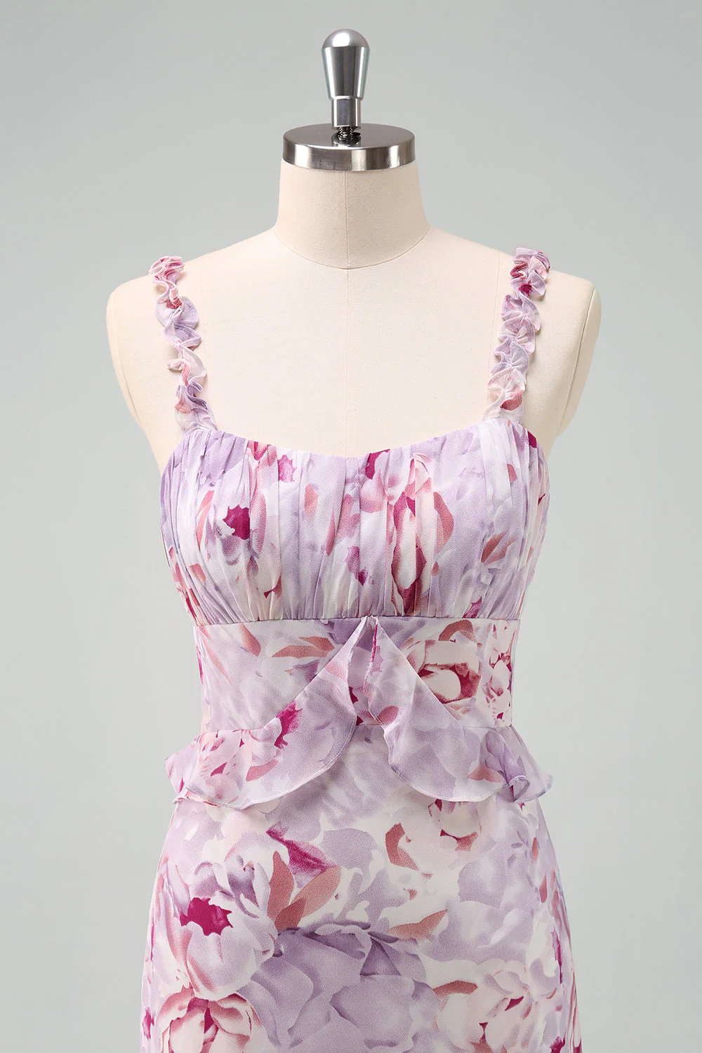 Grey Purple Mermaid Spaghetti Straps Floral Long Bridesmaid Dress - Image 6