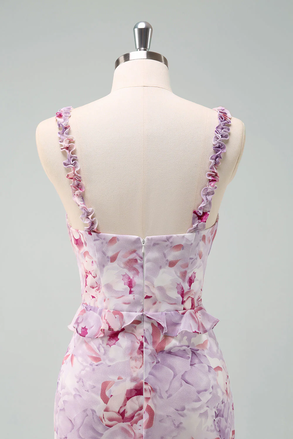 Grey Purple Mermaid Spaghetti Straps Floral Long Bridesmaid Dress - Image 7