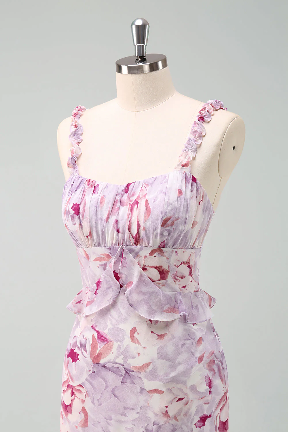 Grey Purple Mermaid Spaghetti Straps Floral Long Bridesmaid Dress - Image 8