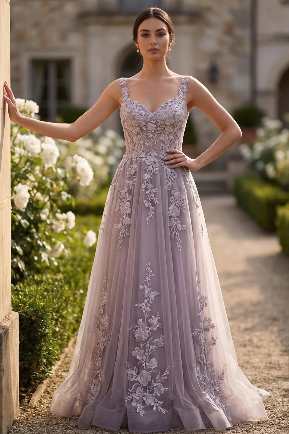 Grey Purple A-Line Floral Appliqued Wide Straps Long Prom Dress