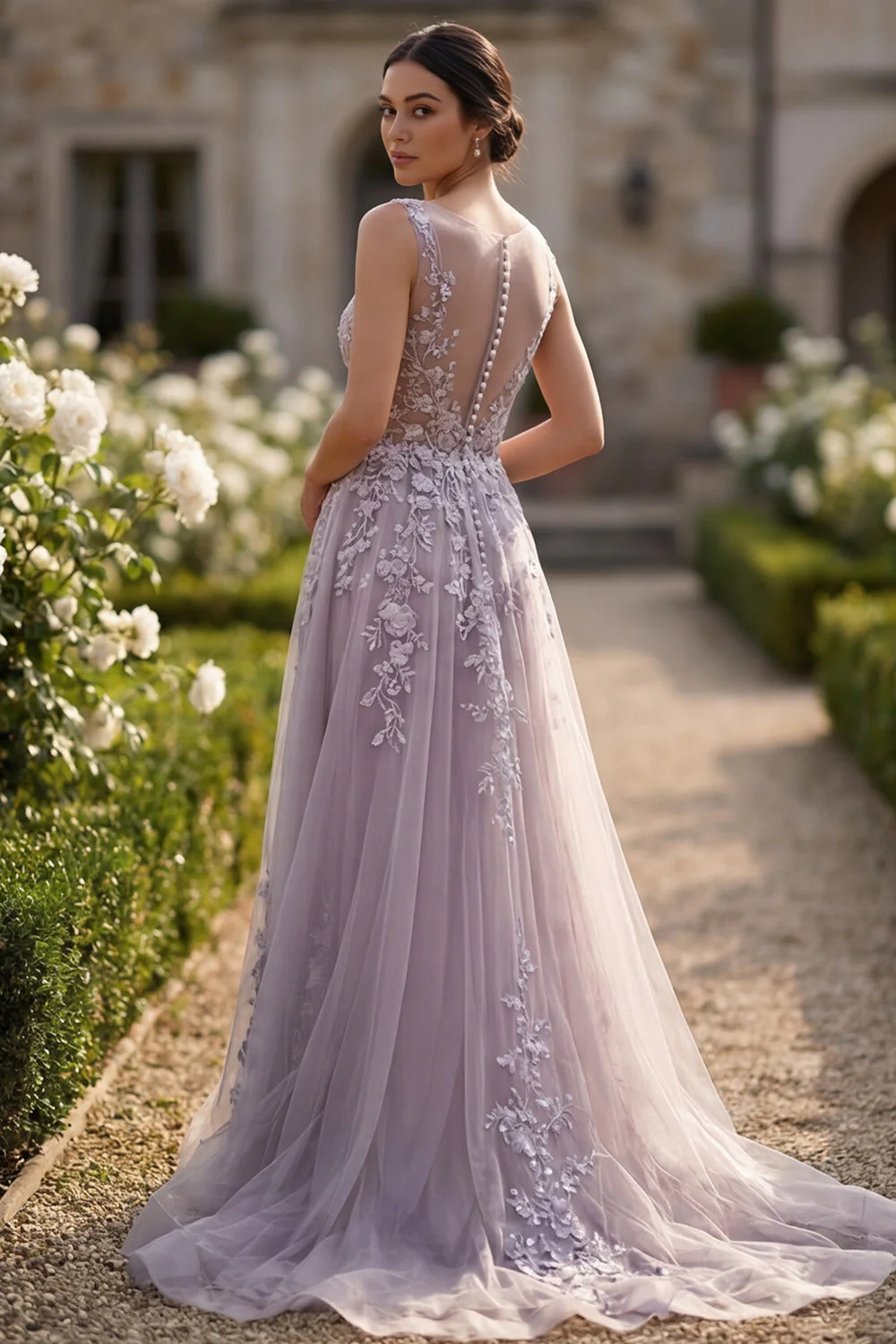 Grey Purple A-Line Floral Appliqued Wide Straps Long Prom Dress - Image 2