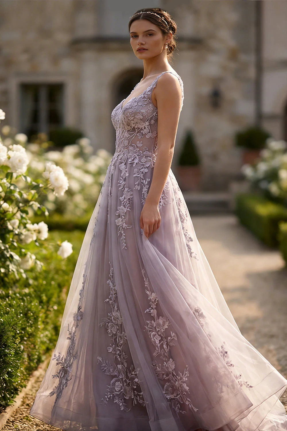 Grey Purple A-Line Floral Appliqued Wide Straps Long Prom Dress - Image 3