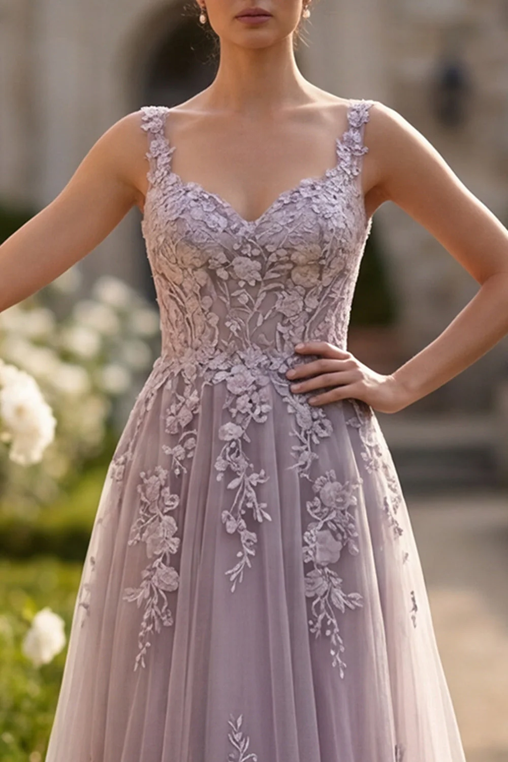 Grey Purple A-Line Floral Appliqued Wide Straps Long Prom Dress - Image 4
