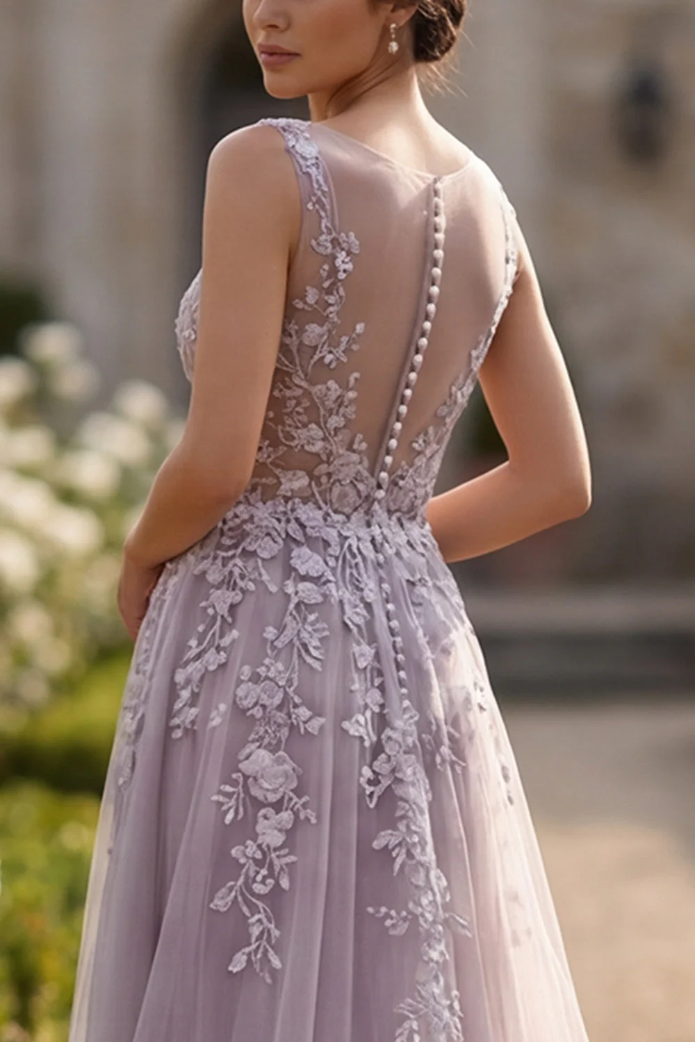 Grey Purple A-Line Floral Appliqued Wide Straps Long Prom Dress - Image 5