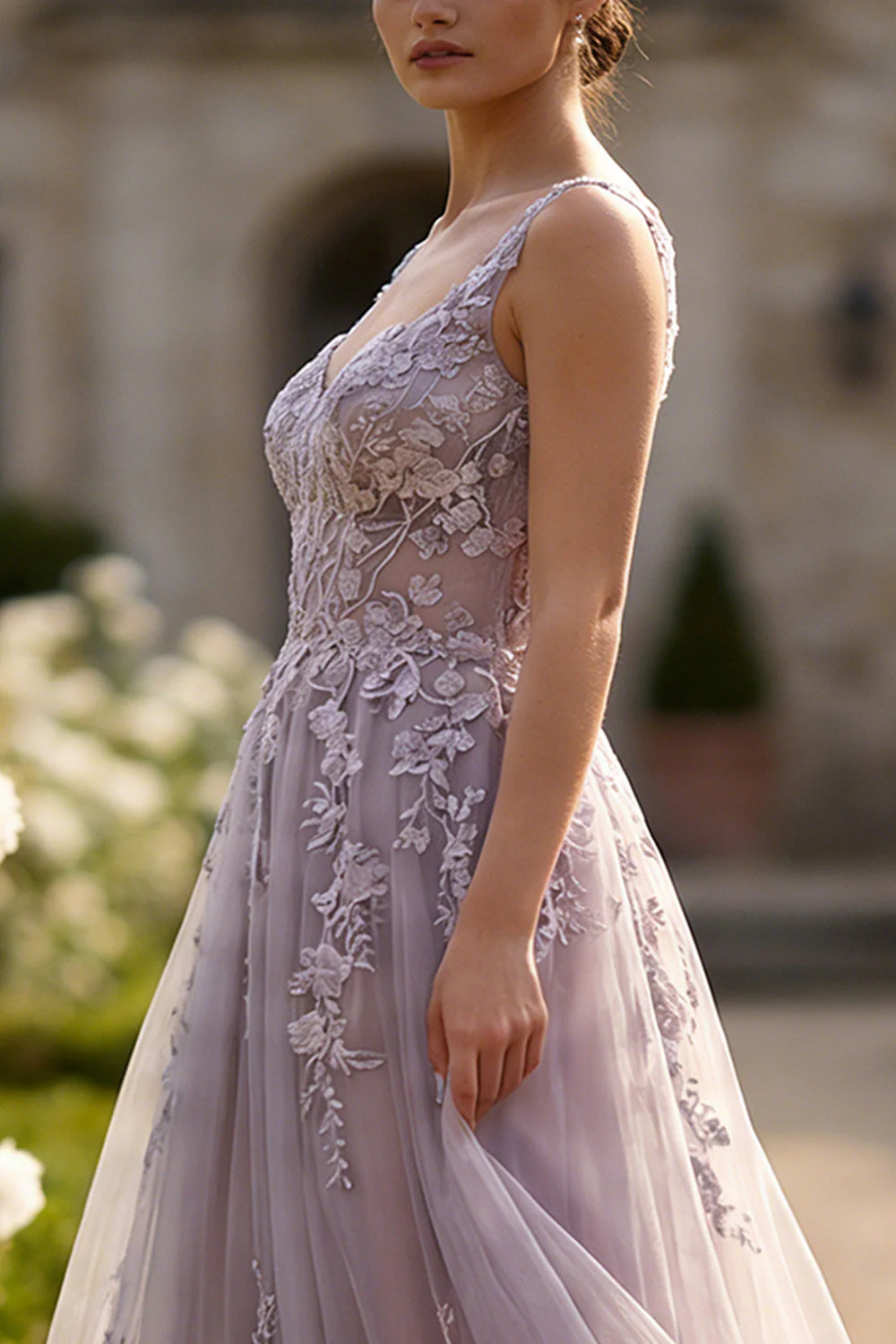 Grey Purple A-Line Floral Appliqued Wide Straps Long Prom Dress - Image 6