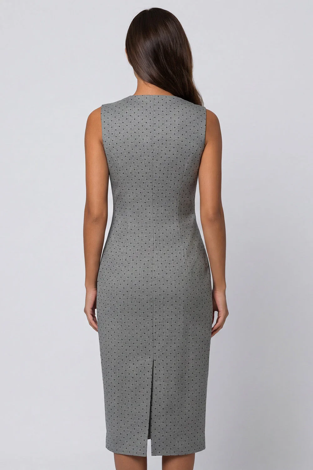 Grey Sheath V-Neck Double-breasted Polka Dots Midi Work Dress with Slit - Image 2