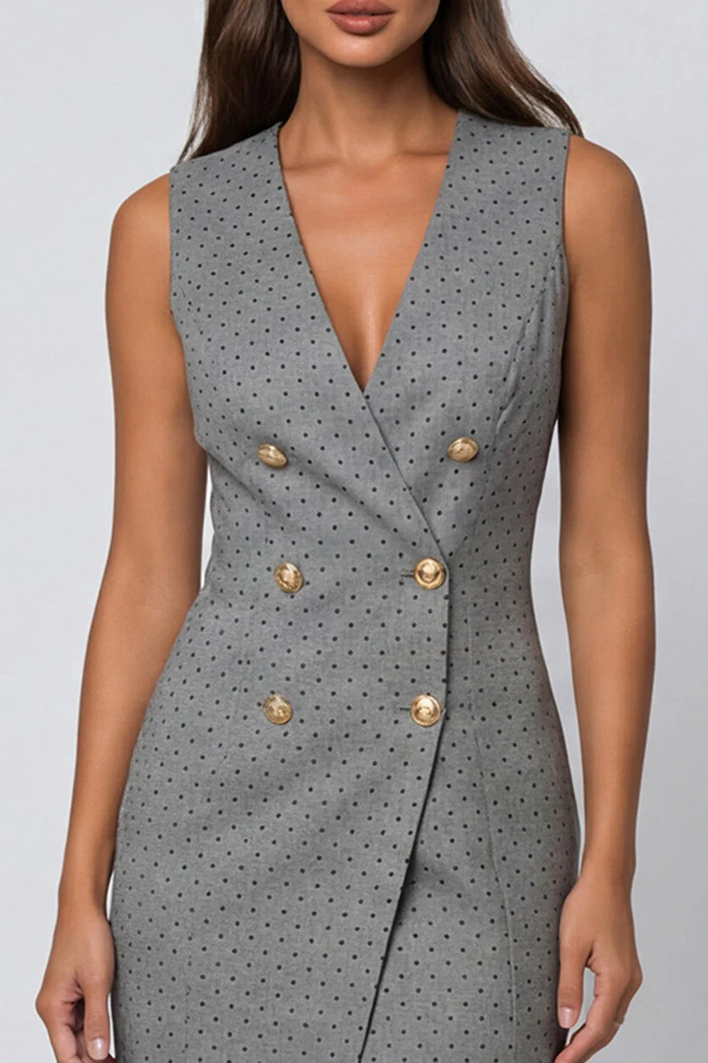 Grey Sheath V-Neck Double-breasted Polka Dots Midi Work Dress with Slit - Image 3