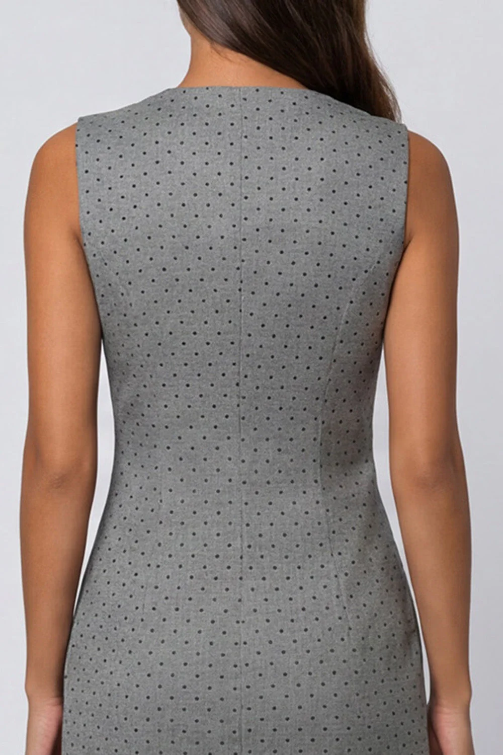 Grey Sheath V-Neck Double-breasted Polka Dots Midi Work Dress with Slit - Image 4